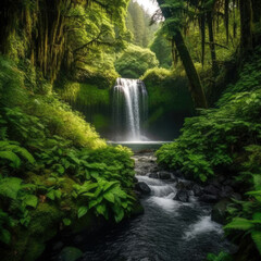 Scenic Waterfall Surrounded By Greenery. Generative AI