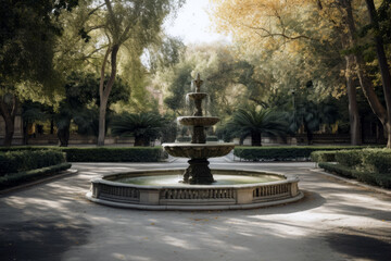 Peaceful Park With Fountain In Front Of A Palm Tree. Generative AI