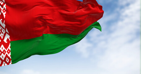 Close-up view of the belarusian national flag waving in the wind