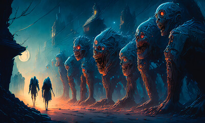 Zombie wandering streets. Eerie atmosphere. Monster heads. Generative AI