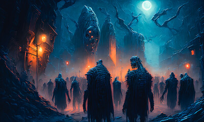 Zombie wandering streets. Eerie atmosphere. Monster heads. Generative AI