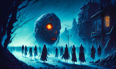 Zombie wandering streets. Eerie atmosphere. Monster heads. Generative AI
