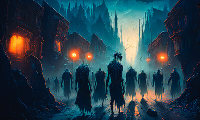 Zombie wandering streets. Eerie atmosphere. Monster heads. Generative AI