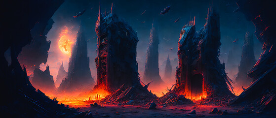 A dystopian landscape of a destroyed planet. Futuristic vision of the end of the world. Generative AI.
