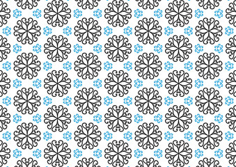 Black and blue drawing line of flower repeated pattern on white background, design for fabric printing