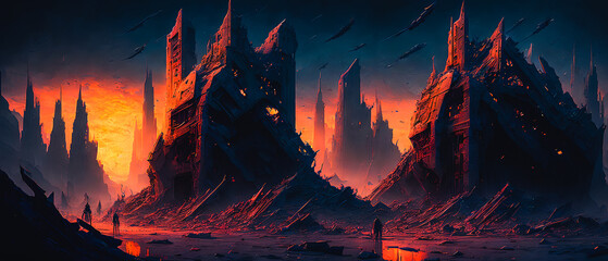 A dystopian landscape of a destroyed planet. Futuristic vision of the end of the world. Generative AI.