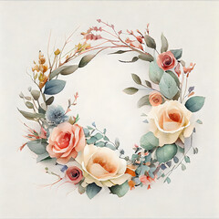 Watercolour floral wreath with roses and eucalyptus branches. AI Generative