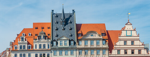 Panoramic of building roofs at Market Square near old City Hall, Rathaus. Cityscape of historical...