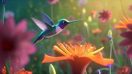 Obraz na płótnie Canvas A sweet, cute hummingbird sipping nectar from a vibrant flower, hovering gracefully in a blossoming garden, feeling delighted in a pastel - colored illustration. 3d illustration. Generative ai.