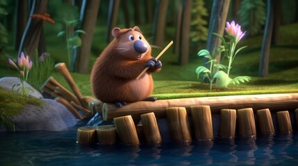 A talented, cute beaver building a wooden dam in a tranquil forest stream, feeling skillful and accomplished in a pastel - colored illustration. 3d illusration. Generative ai.