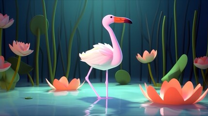A cheerful, cute flamingo balancing on one leg in a peaceful pond, surrounded by water lilies, feeling elegant and poised in a pastel - colored illustration. 3d illustration. Generative ai.