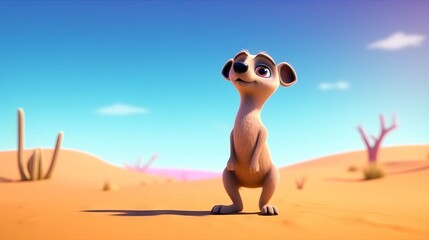 A curious, cute meerkat standing on its hind legs, scanning the horizon of a sandy desert, feeling alert and watchful in a pastel - colored illustration. 3d illustration. Generative ai.