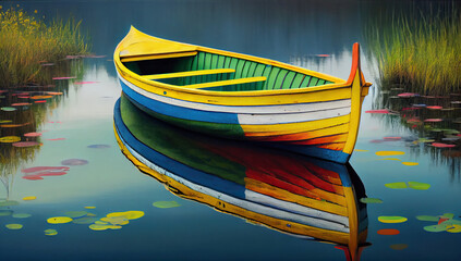Fototapeta na wymiar Bright colorful boats on a picturesque lake. Generative AI