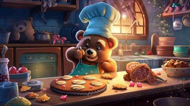 Cheerful cute teddy bear baking cookies in a cozy kitchen during the holiday season, with a big smile on his face and surrounded by festive decorations. Generative ai.