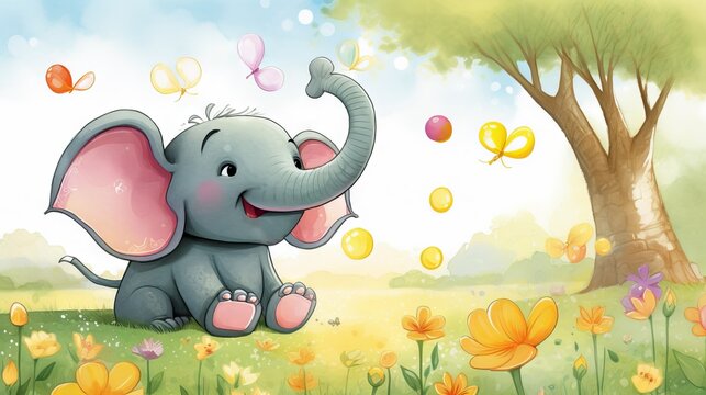Cheerful cute elephant blowing bubbles in a park in the springtime, with butterflies fluttering around, and his trunk up in delight. Generative ai.