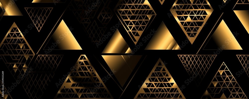 Poster shiny golden texture triangles on a black background. generative ai