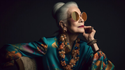 Beautiful woman 80 year old senior woman, fashion editorial illustration, fictional AI character, Generative Ai