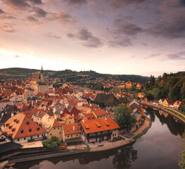 Fototapeta na wymiar Panoramic sunset view over the old Town of Cesky Krumlov, Czech Republic