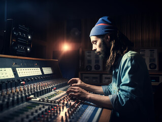 Fototapeta na wymiar A music producer working in the studio on a new track. Generative ai