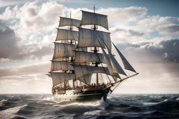 Tall Ship With Billowing Sails And Ropes. Generative AI