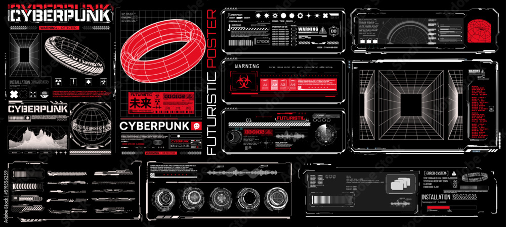 Aufkleber big cyberpunk collection of retro futuristic elements for design. retro futuristic graphic pack. uni