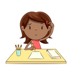 Little girl write, draw, scratching head