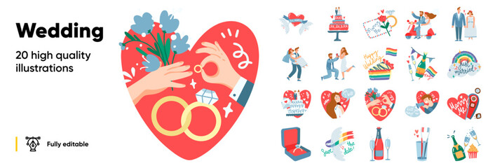 Wedding illustration set - Editable vector