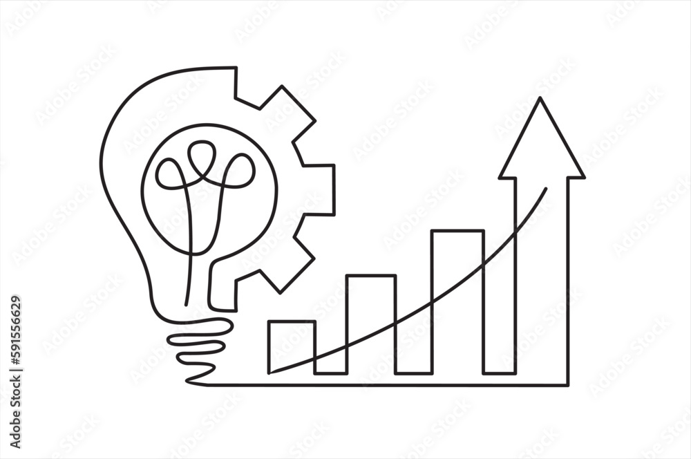 Poster continuous line drawing of gears, lights idea and graph.continuous line drawing. startup business. v