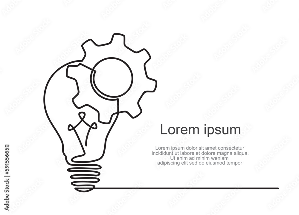 Poster continuous line drawing of lightbulb with cogwheel on white isolated background. idea business conce