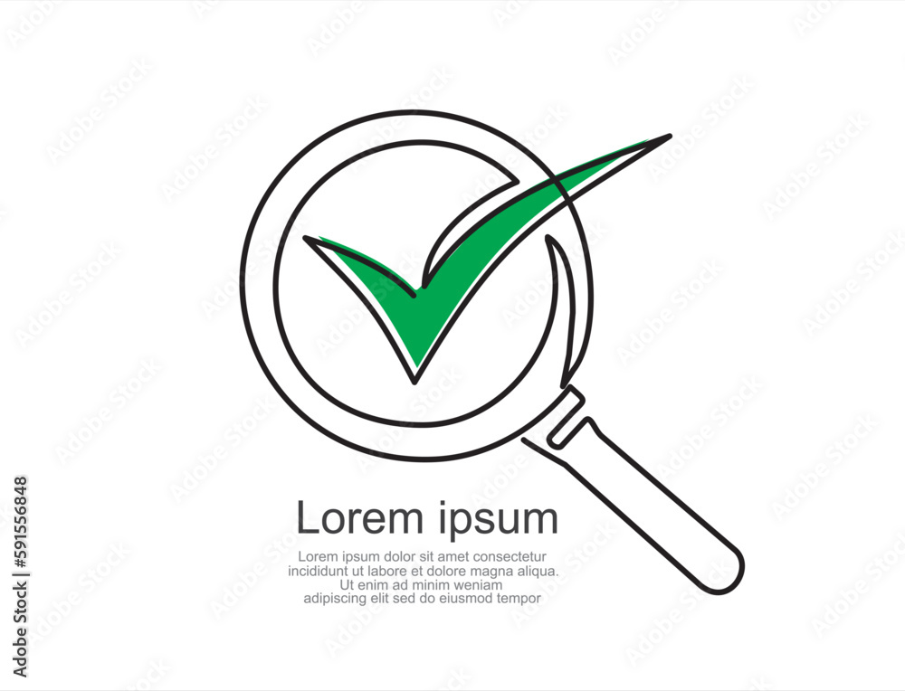 Aufkleber continuous line one drawing of magnifying glass with check mark inside. organization management conc