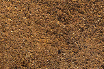 Brown background of cracked clay, sand, plaster interspersed with light grains of sand.