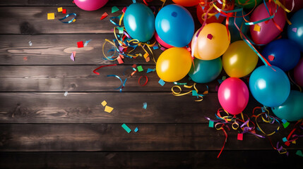Colorful Party Frame with ballon and confetti on a wooden board