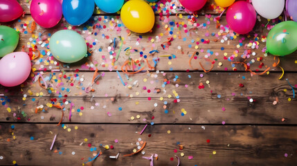 Colorful Party Frame with ballon and confetti on a wooden board
