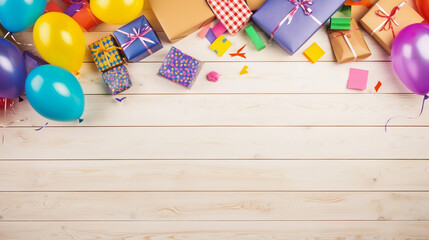 Colorful Party Frame with ballon and presents on a wooden board