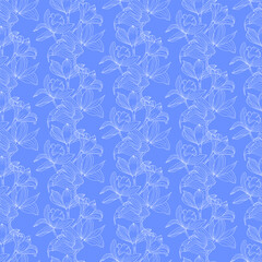 Orchid branch. Transparent white flowers on blue background. Seamless pattern with orchid twigs.