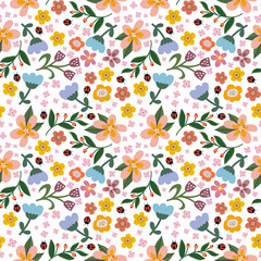 Seamless Summer flower pattern. Cartoon Summer flowers, leaves, and berries print. Cute floral wallpaper. Perfect for creative projects, including textiles, stationery, home decor, and more.