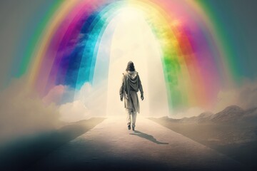 The Divine Image - Jesus Walking Under the Rainbow on a Sunny Day Generative AI - obrazy, fototapety, plakaty