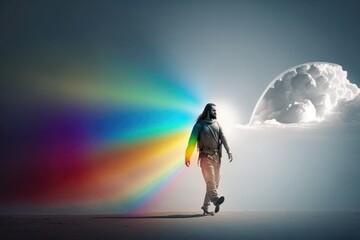 Fototapeta na wymiar The Glory of God - Jesus Walking Under a Rainbow on a Sunlit Day Generative AI