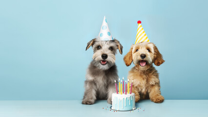 Two cute puppy dogs celebrating at a birthday party