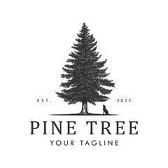 Pine Tree Logo Template with Dog Silhouette Hand Drawn Illustration and Vector Art Stock