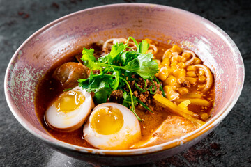 Asian noodle soup, ramen with chicken, tofu, vegetables and egg in bowl