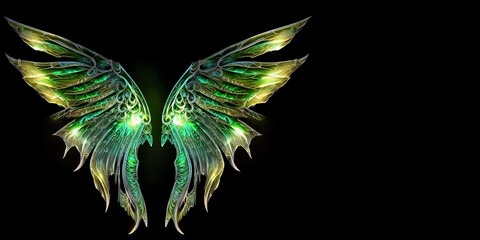 Glowing in the dark multi-colored magic wood elf wings, on an isolated black background. Generative AI