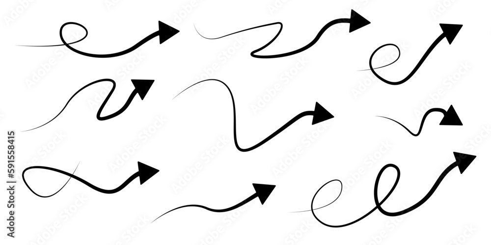 Poster black arrows vector set. wavy arrows set. serpentine black arrows vector. black cursors arrows vetko