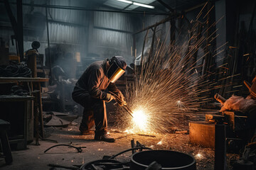  A man working in a company at a welding machine, flying sparks and fire. Generative ai