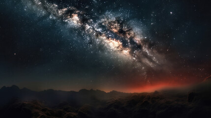 Fototapeta na wymiar Starry colorful milky way in the night sky with red color in the mountains. Universe and the cosmic background. Generative AI.
