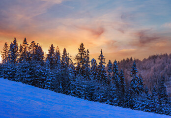 Fototapeta na wymiar Evening sky with yellow clouds over winter Ukrainian Carpathian Mountains.