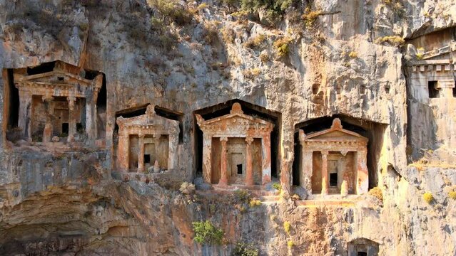 Drone footage showcasing the ancient Caunos Tombs of the Kings, located in the picturesque Dalyan district of Muğla, Turkey.