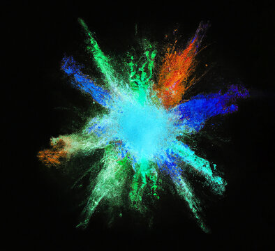 A centered explosion of colorful powder on a black background, colorful paint splash