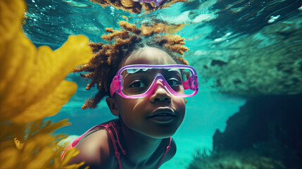 African American girl diving at coral reef, Generative AI