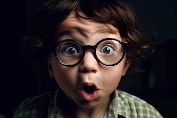 Fototapeta na wymiar A surprised boy with glasses makes a strange expression of satisfaction, big eyes and an open mouth. Surprise, happiness and amazement concept. generative ai